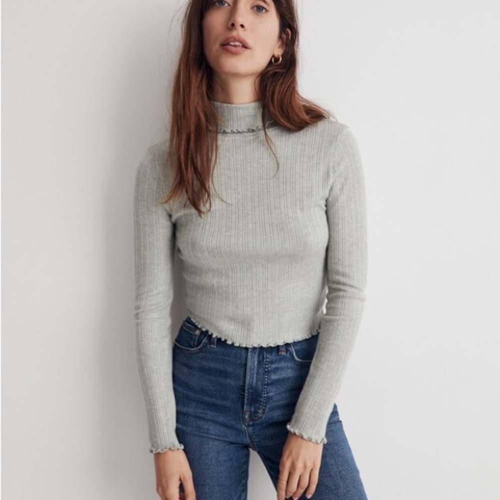 Madewell Ribbed Long Sleeve Turtleneck Crop Top in Frosted Sage - Picture 6 of 7